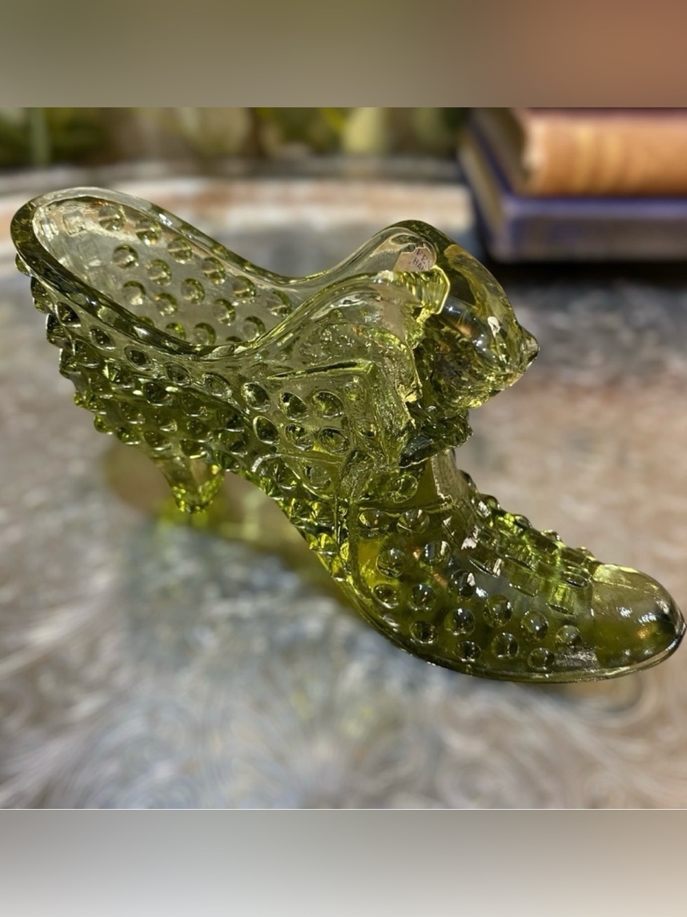 Vintage Fenton Orig Label Hobnail Shoe Glass Slipper Olive Green with Sticker